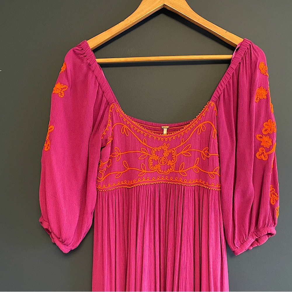 Free People Wedgewood embroidered puff sleeve midi dress size s